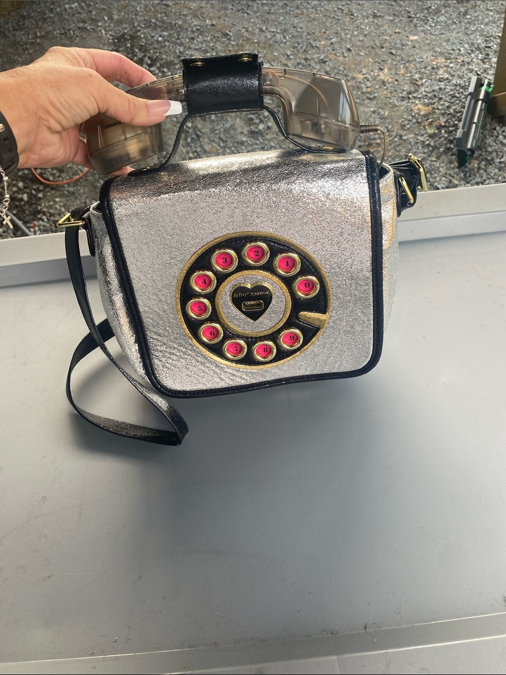 Betsey Johnson Silver Crossbody Phone Novelty Bag with Pink Dial Accents